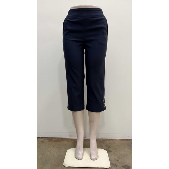 Counterparts Womens pull on stretch front slash pockets Crop with crest gold buttons on hem , Dark Denim , M