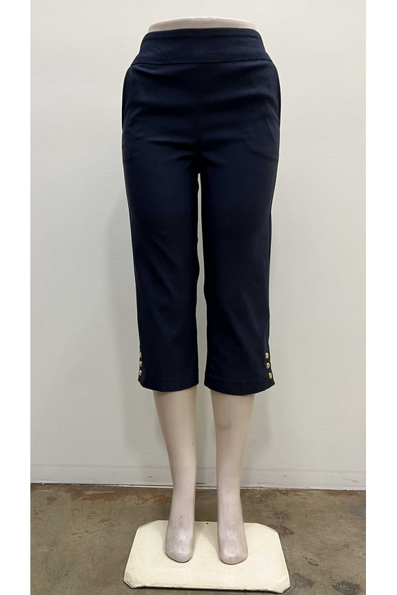 Womens pull on stretch front slash pockets Crop with crest gold buttons on hem , Dark Denim , S