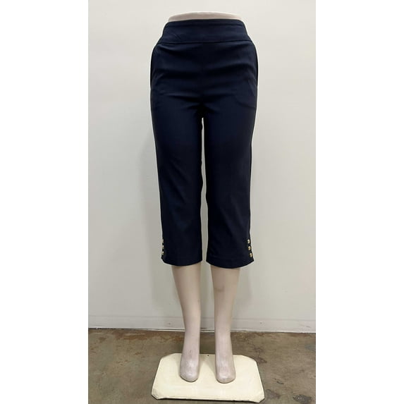 Counterparts Womens pull on stretch front slash pockets Crop with crest gold buttons on hem , Dark Denim , S