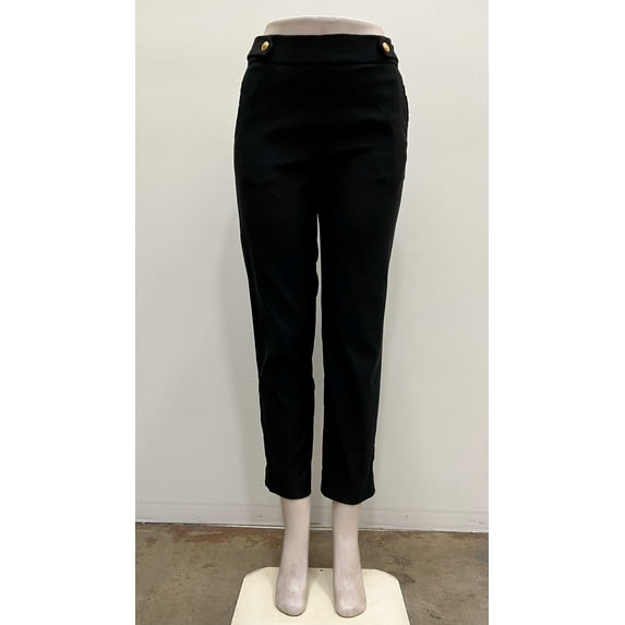 Counterparts Womens pull on stretch front slash pockets Pants with shank gold buttons on waist and slits hem , Black , S