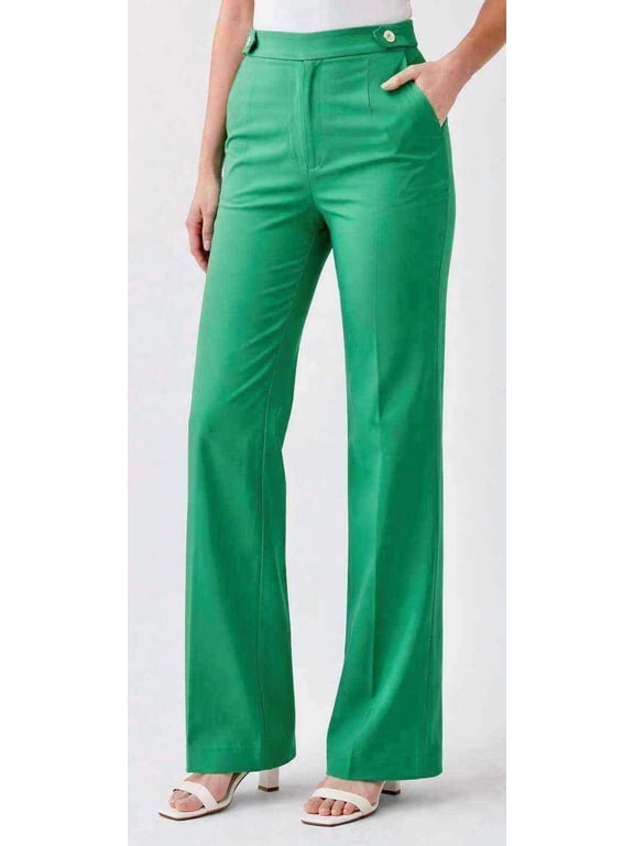 Womens pull on stretch solid front pockets boot cut Pants with gold button details on waist