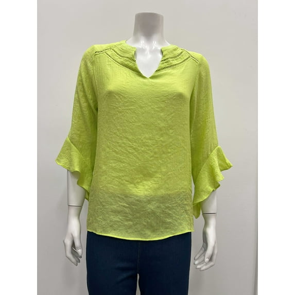 Counterparts Womens solid 3/4 ruffled sleeve notch neck Blouse with trim detail , Green , S