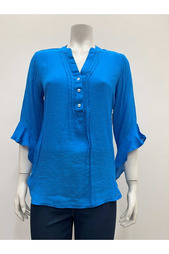 Womens solid notch neck 3/4 ruffled sleeve pleated Blouse with button details , Blue , S