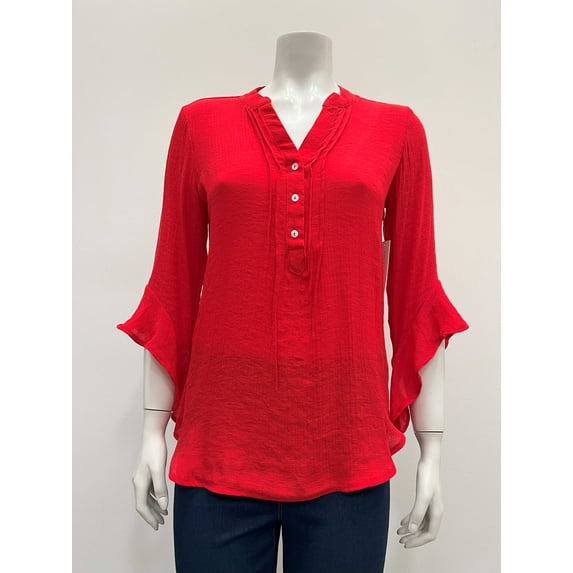 Counterparts Womens solid notch neck 3/4 ruffled sleeve pleated Blouse with button details , Red , S