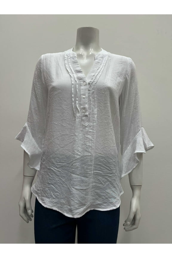 Womens solid notch neck 3/4 ruffled sleeve pleated Blouse with button details , White , S