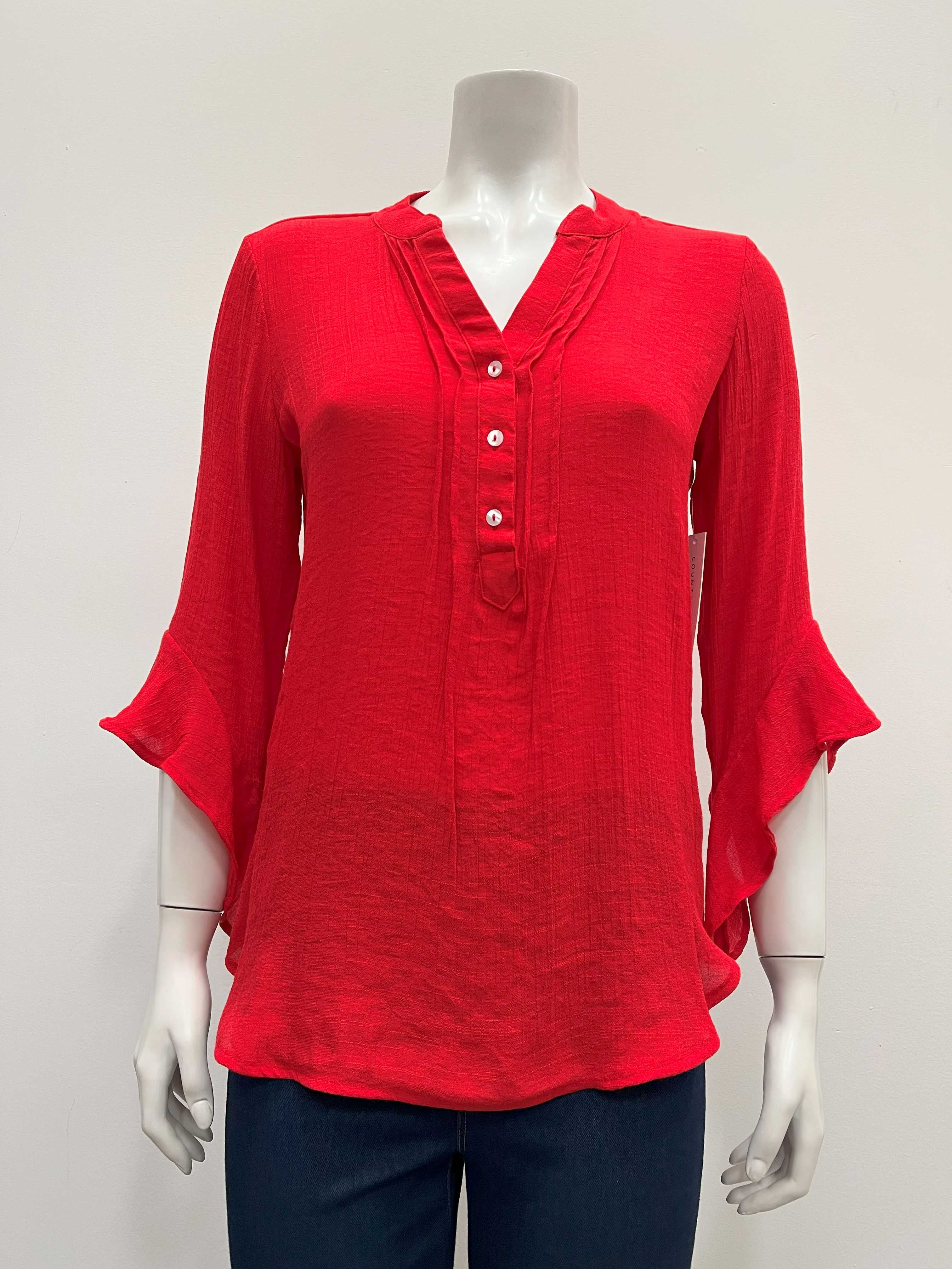 Red Cutton Counterparts Womens solid notch neck 3/4 ruffled sleeve pleated Blouse ...