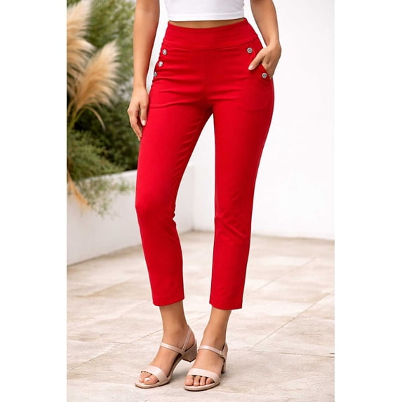 Counterparts Womens solid pull on stretch sailor buttons front pockets slim leg ankle length Pants