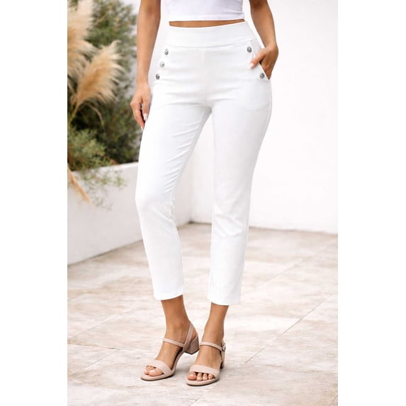 Counterparts Womens solid pull on stretch sailor buttons front pockets slim leg ankle length Pants