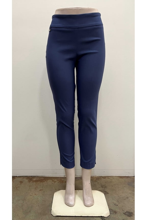 Woments pull on luxe stretch slim leg ankle length Pants with side hardware detail and slits on hem