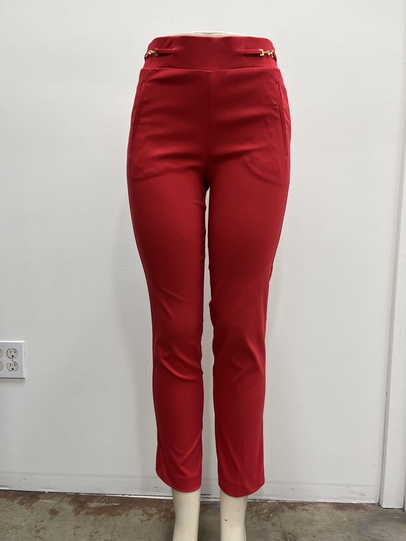 slim leg front pockets pull on Pants with gold hardware detail on waist , Red , L