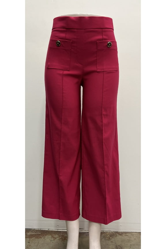 solid pull on stretch ankle length button patch front pockets Pants , Winepunch , M