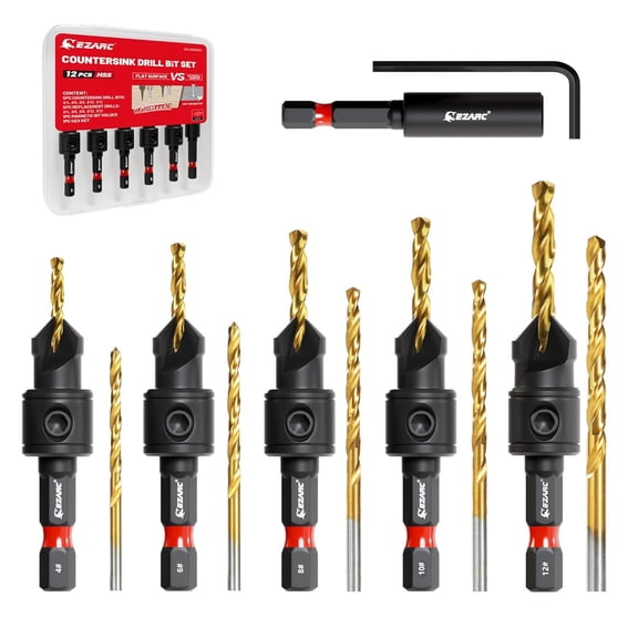 Countersink Drill Bit Set, 12 PCS Counter Sink Drill Bit Adjustable, #4, #6, #8, #10, #12, Magnetic Extension bit Holder for Woodworking with Storage Box