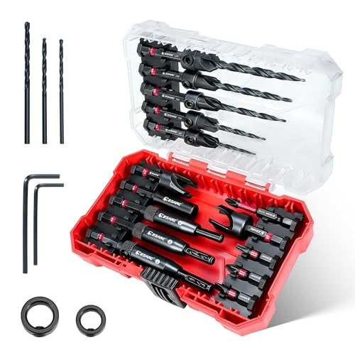 Countersink Drill Bit Set, 22PCS Counter Sink Drill Bit for Wood with Self Centering Drill Bits, Wood Plug Cutters,Screwdriver Bits, Magnetic Extension Bit Holder, 1/4" Hex Shank & Storage Box