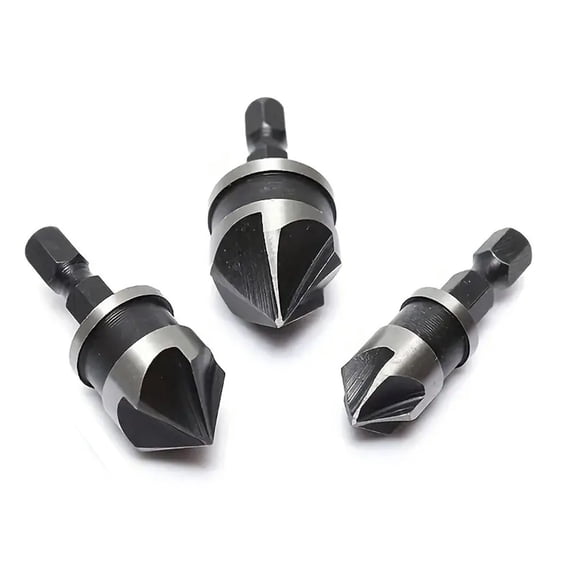 Countersink Drill Bit Set, 3 Piece 90 Degree Chamfer Cutter in 12 16 and 19 mm with 1/4 in Hex Shank