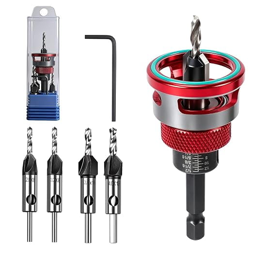 Countersink Drill Bit Set, 4 Pcs HSS M2 Tapered Bits with Adjustable Depth Stop, Aluminum Collar for 82 Woodworking