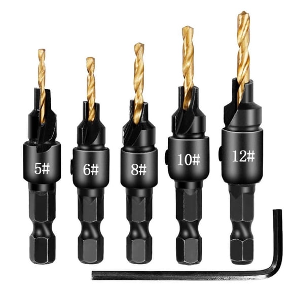 Countersink Drill Bit Set 5 Piece, M2 HSS with 1/4 Inch Hex Shank, Adjustable Depth 82 Degree Chamfer for Precision Screw Holes in Wood, Plastic, MDF, PVC