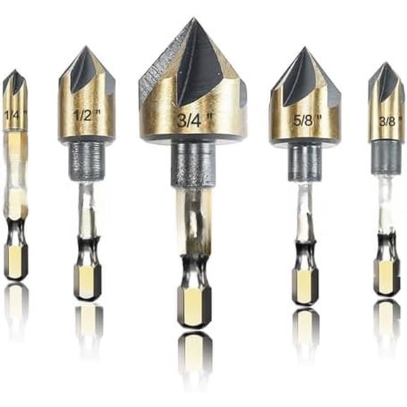 Countersink Drill Bit Set, 5 count, 1/4" Hex Shank, 82 Countersink Holes for Screws to Sit Flush or Under the Surface of Metal Plastic, Sizes 1/4, 3/8, 1/2, 5/8, 3/4 Inches with Storage Case