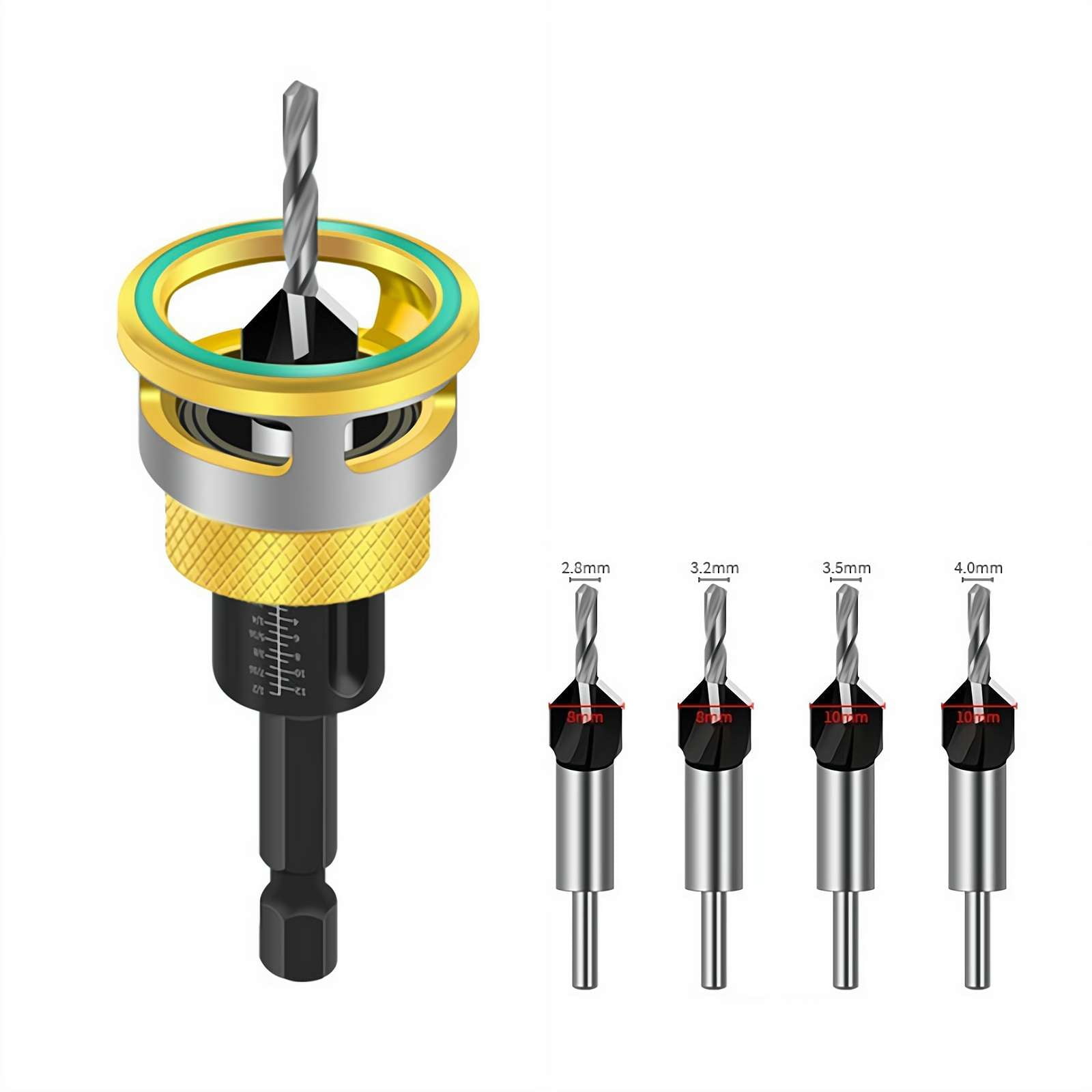 Countersink Drill Bit Set with Adjustable Depth Stop, 4 Pcs Carbon Steel Tapered Bits (2.8/3.2/3.5/4.0mm) with 1/4" Hex Shank,  for Precise Woodworking, Plywood, MDF and DIY Projects