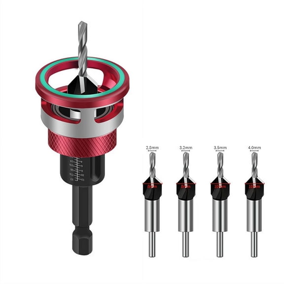 Countersink Drill Bit Set with Adjustable Depth Stop, 4 Pcs Carbon Steel Tapered Bits (2.8/3.2/3.5/4.0mm) with 1/4" Hex Shank, for Precise Woodworking, Plywood, MDF and DIY Projects