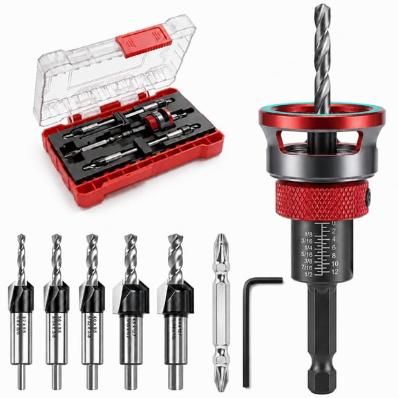 Countersink Drill Bit Set with Adjustable Depth Stop, 5 Pcs M2 HSS Wood Drill Bits with Low-Friction Aluminum Collar, Quick Change Design for Woodworking, Cabinets, Furniture & Shelves