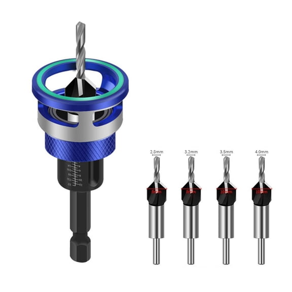 Countersink Drill Bit Set with Adjustable Depth Stop Collar, 1/4 Inch Hex Shank, 4 HSS M2 Tapered Bits and a Wrench, 82 Counterbore for Precise Woodworking, Plywood, MDF and DIY Project