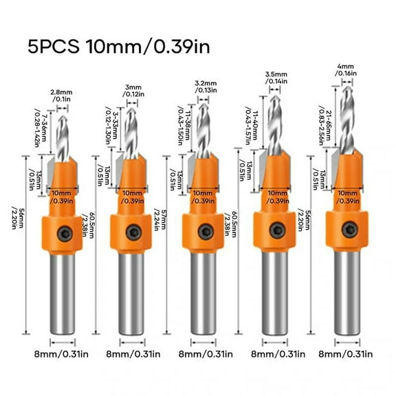 Countersink Drill Bit Set, Czzoypi 5-Piece Woodworking Chamfer Tools, True 82° Angle HSS Tapered Hole Drill for Flush Screws Quick Change