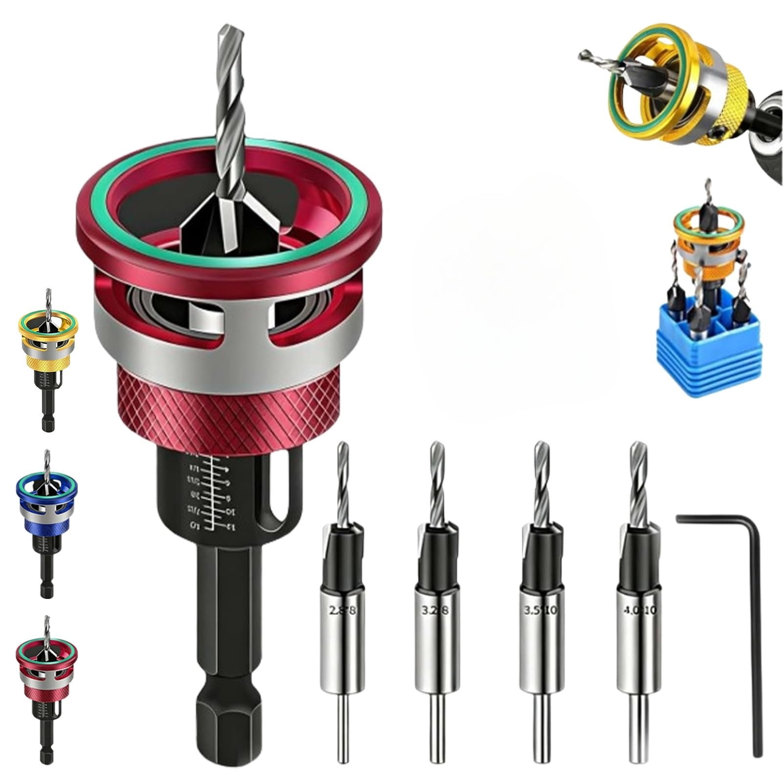Countersink Drill Bit Set with Depth Stop,4PCS Four-Flute Tapered Drill Bits and Adjustable Depth Stop Collar with Controlled Depth, for Woodworking, Cabinetry