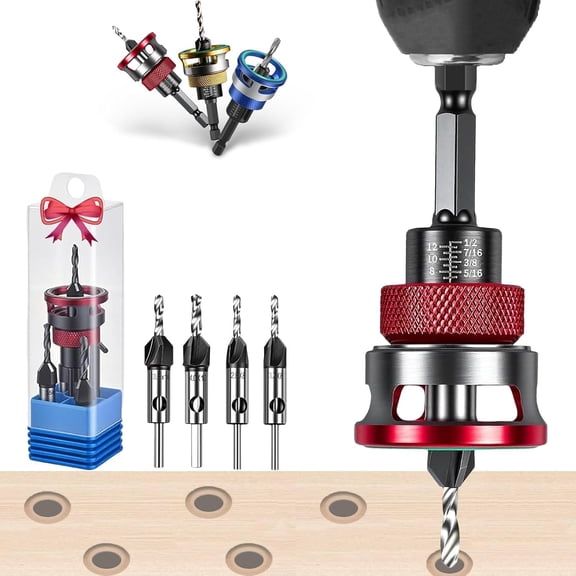Countersink Drill Bit Set, Four-Flute Counterbore with Depth Stop, 2.8-4.0mm, 1/4" Hex Shank, Adjustable Depth, for Woodworking (Red)