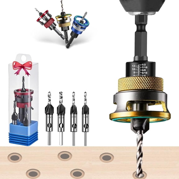 Countersink Drill Bit Set, Four-Flute Counterbore with Depth Stop, 2.8-4.0mm, 1/4" Hex Shank, Adjustable Depth, for Woodworking (Yellow)
