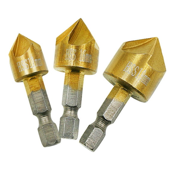 Countersink Drill Bit Set with Hex Shank, 5-Flute Titanium Coated Chamfer Cutter for Diy & Woodworking, 3 Sizes for Deburring & Beveling, 3 Drill Bits