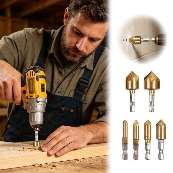 Countersink Drill Bit Set for Precision Chamfering and Hole Preparation 6Pcs Coated Hex Shank 90 5-Flute Woodworking and Metal Drilling Tools 1/4 to 3/8