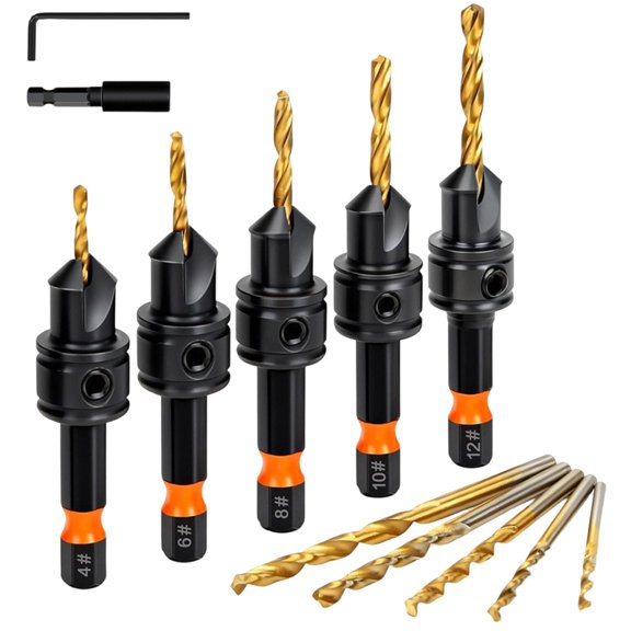 Countersink Drill Bit Set for Wood, 12pcs with Titanium Coated Hex Shank, Adjustable Depth