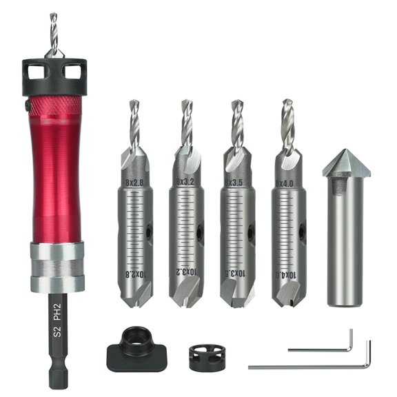 Countersink Drill Bit Set with A Screwdriver Bit, 2.8/3.2/3.5/4.0mm Drill Dia X 8/10 mm Countersink Dia