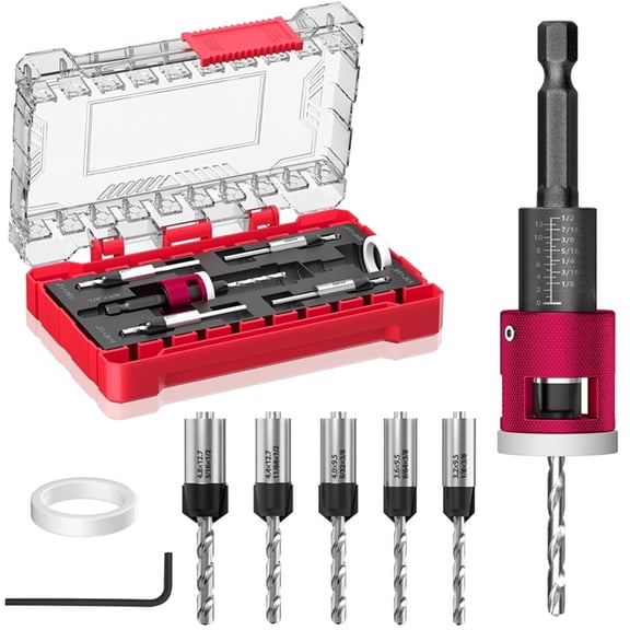 Countersink Drill Bit Set with Adjustable Depth Stop, 1/4" Hex Shank Quick Change Drilling Tool Kit,for Wood,Plywood