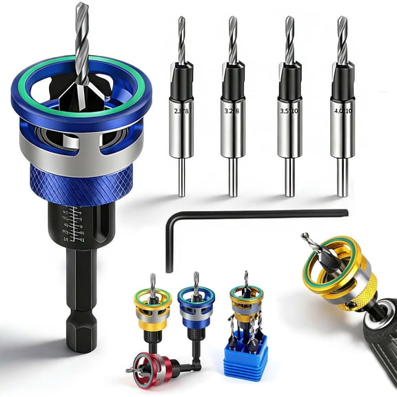 Countersink Drill Bit Set with Adjustable Depth Stop for Woodworking, 4 Pcs Tapered Bits