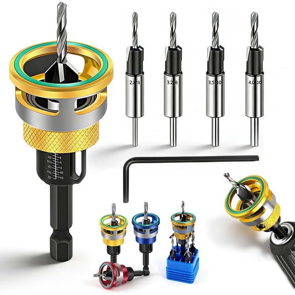 Countersink Drill Bit Set with Adjustable Depth Stop for Woodworking, 4 Pcs Tapered Bits