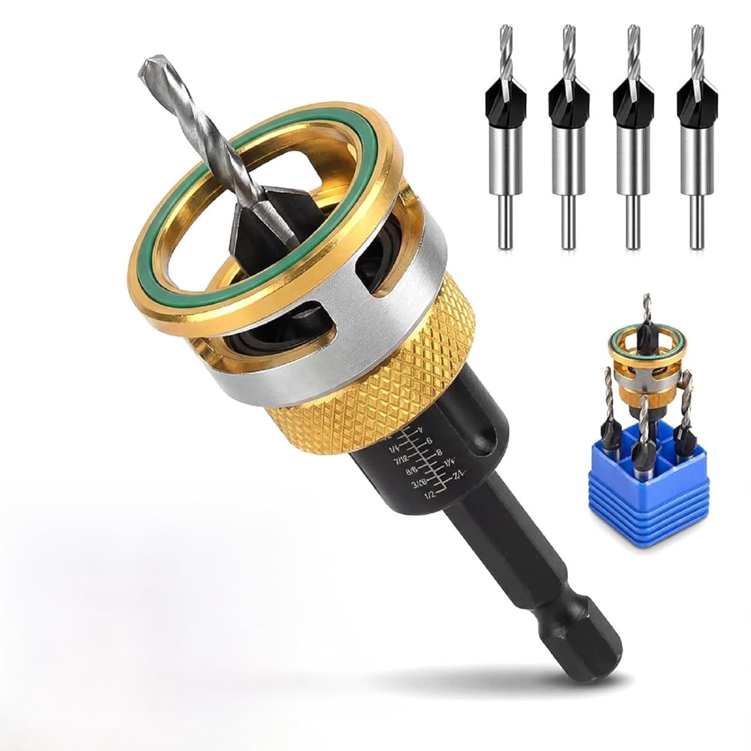 Countersink Drill Bits Set, 4PCS Four-Flute HSS M2 Tapered Drill Bits and Adjustable Depth Stop Collar, Wood Countersink Bit with Wrench for Wood, Plastic, Woodworking (Gold)