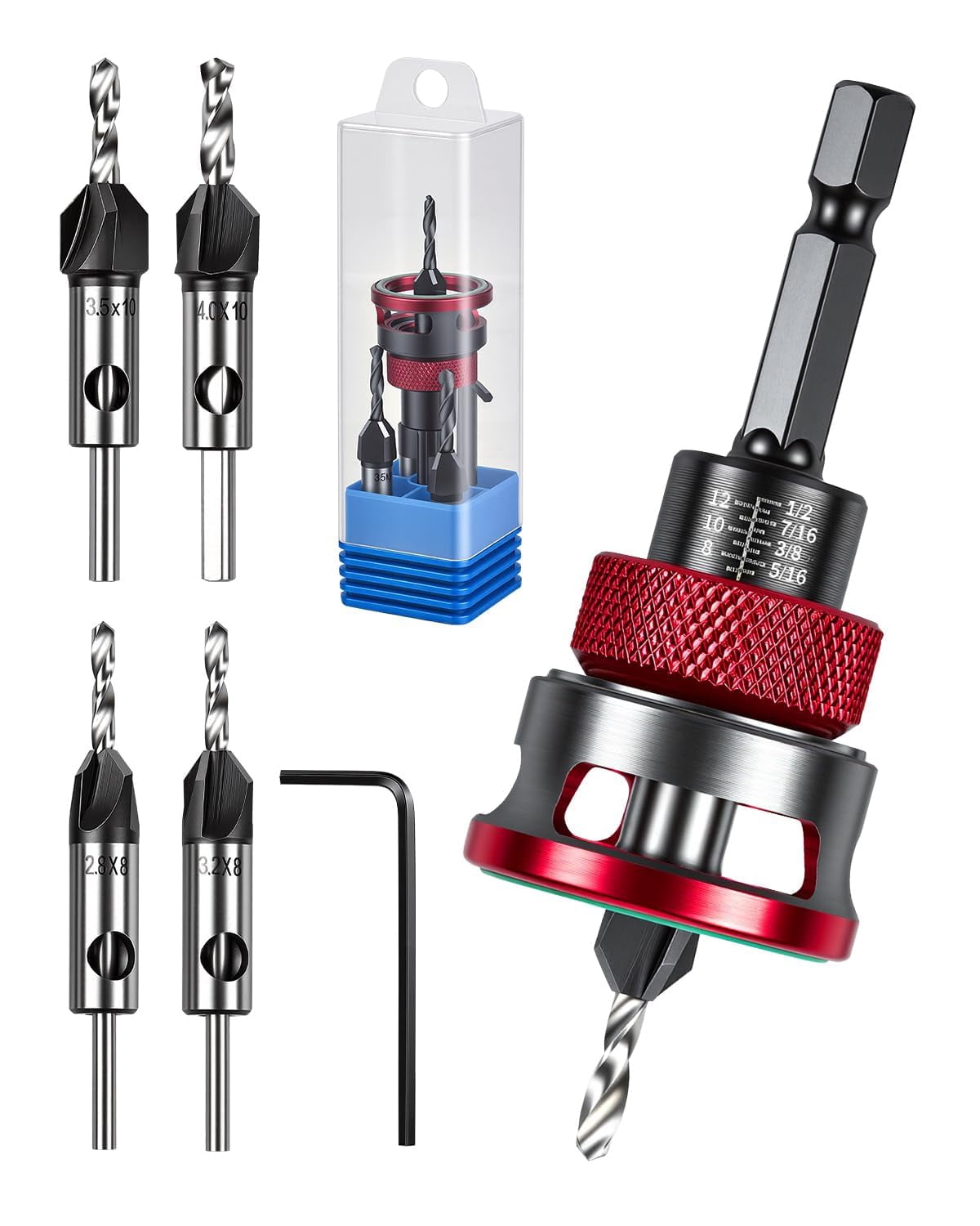 Countersink Drill Bits Set, 4PCS Four-Flute HSS M2 Tapered Drill Bits and Adjustable Depth Stop Collar, Wood Countersink Bit with Wrench for Wood, Plastic, Woodworking (Red)