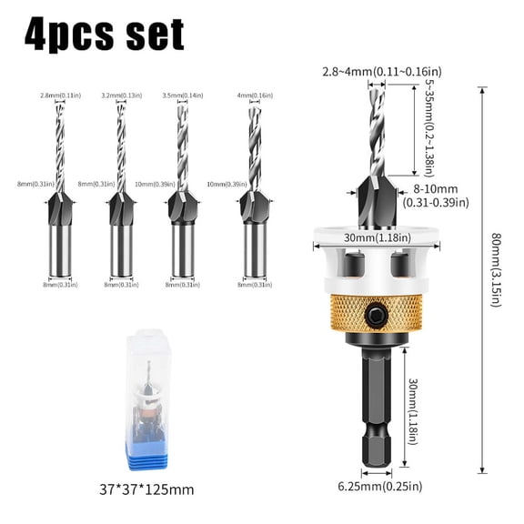 Countersunk Drill Bit Set, Adjustable Depth 4-Blade Woodworking Drill Bit, Alloy Head Step Countersink Tool, Multi-Use Drill for Woodworking, Hidden Screw & DIY Use