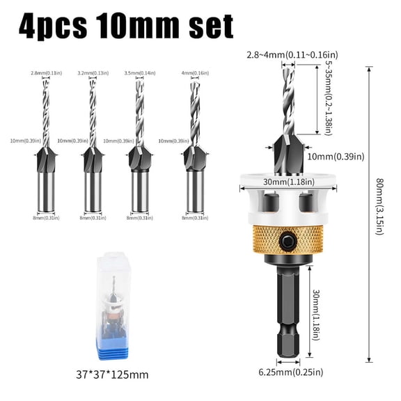 Countersunk Drill Bit Set, Adjustable Depth 4-Blade Woodworking Drill Bit, Alloy Head Step Countersink Tool, Multi-Use Drill for Woodworking, Hidden Screw & DIY Use