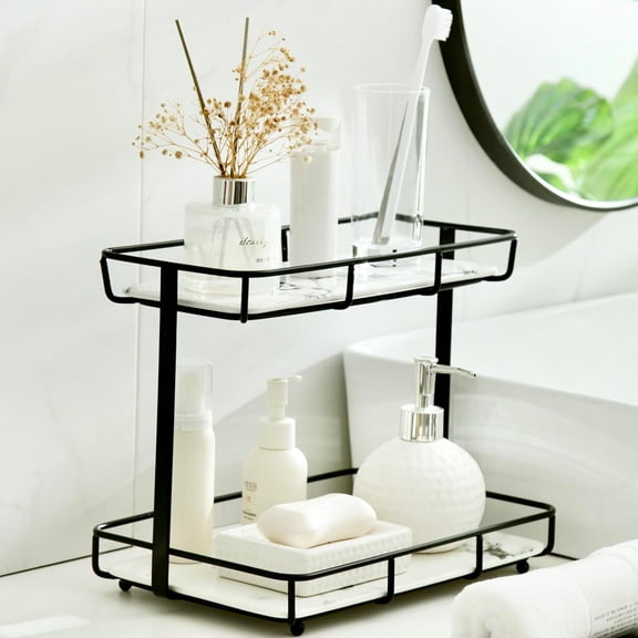 Countertop Bathroom Organizer Vanity Tray with 2-Tier Shelf Stainless Steel Gold Frame White Marble Ceramic Tray Color Black
