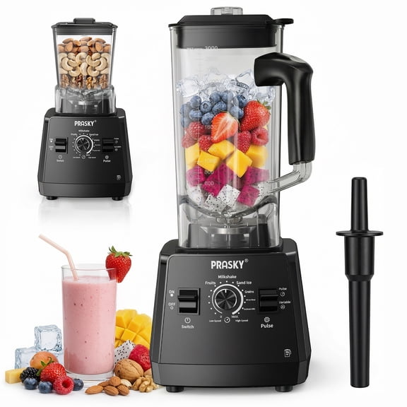 PRASKY 2-in-1 Professional Countertop Blender 96oz Large Capacity 1000W Blender for Smoothies Fruit
