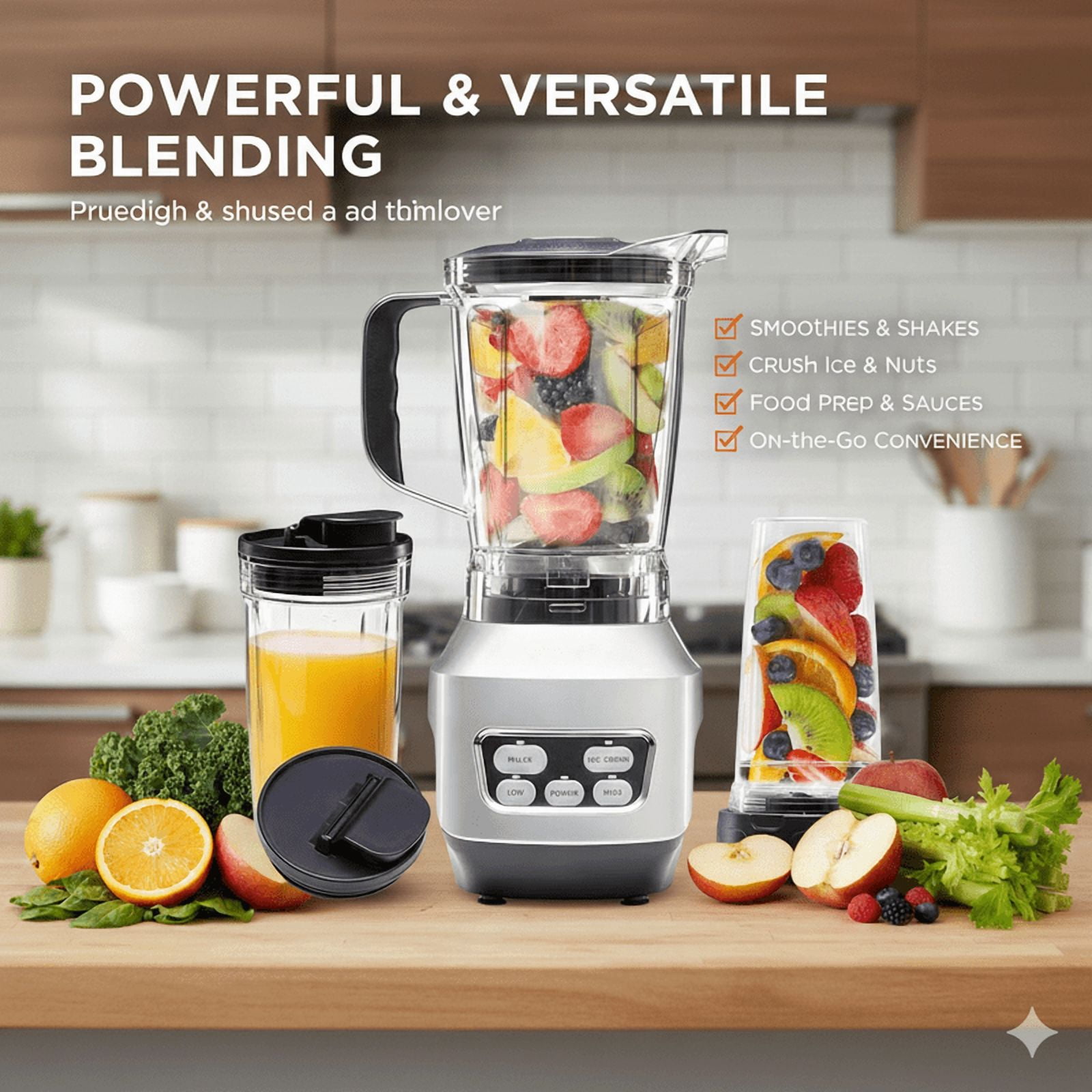 Countertop Blender for Kitchen, 1200W Powerful Smoothie Blender with 1.5L Glass Jar and Portable Travel Cup, 6-Blade System for Ice Crushing, Shakes & Smoothies, 21,000 RPM, Silver