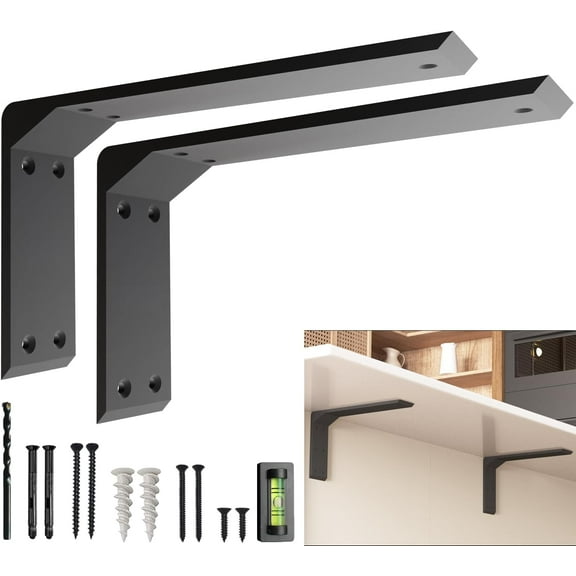 Countertop Brackets 10-12 Inch Heavy Duty Steel L Bracket – Black Mantel Brackets & Corbels for Granite & Wood Shelves – (Set of 2)