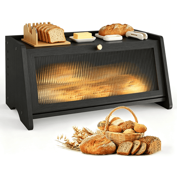 Countertop Bread Box Bamboo with Window, Large Black Bread Bin Air Vents Storage(Black)