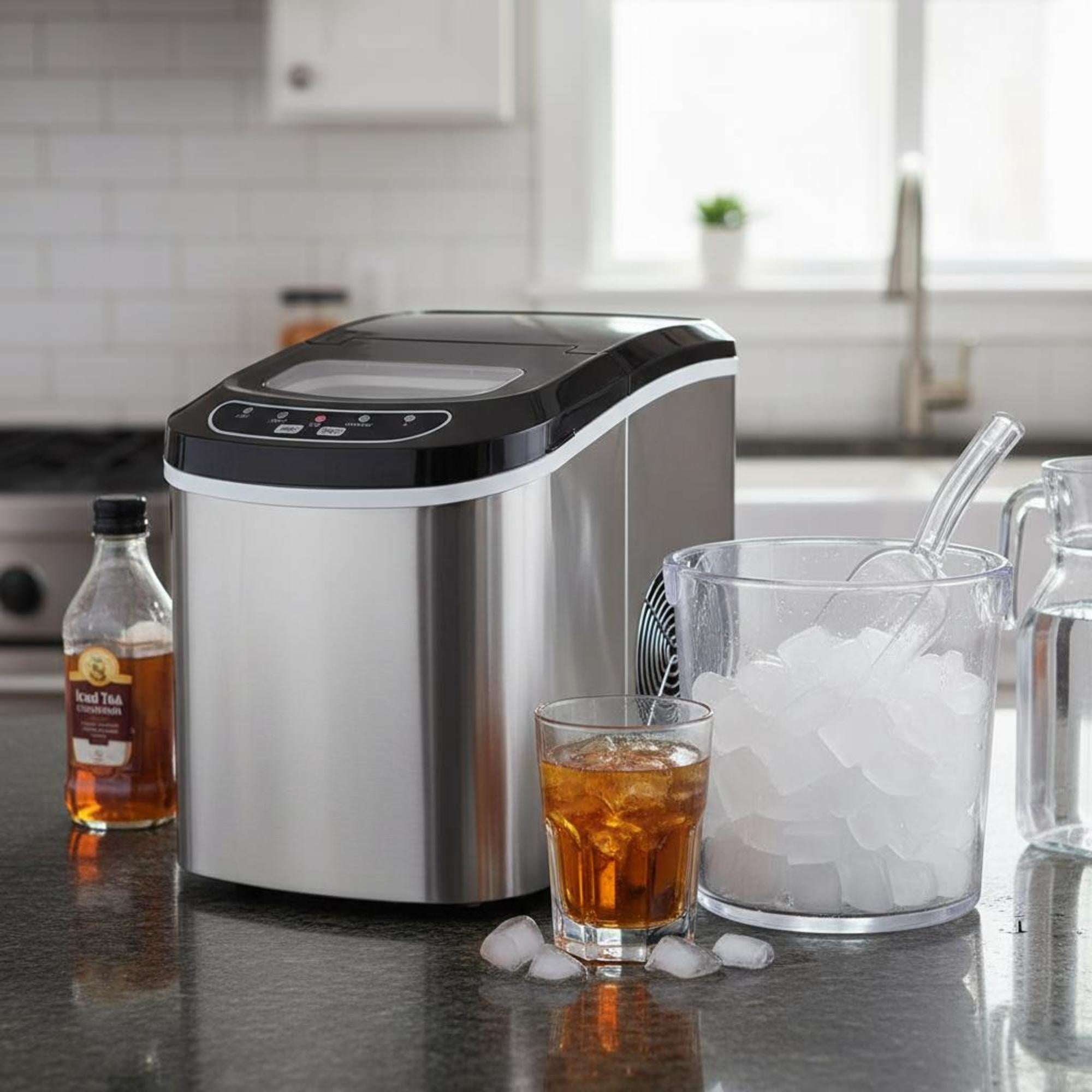 Countertop Bullet Ice Maker, 33 lbs/24H Portable Ice Machine, 9 Cubes Ready in 6 Mins, 2 Ice Sizes, Self-Cleaning Ice Maker with Scoop & Basket, Quiet ≤45dB for Home Kitchen Office Bar Party