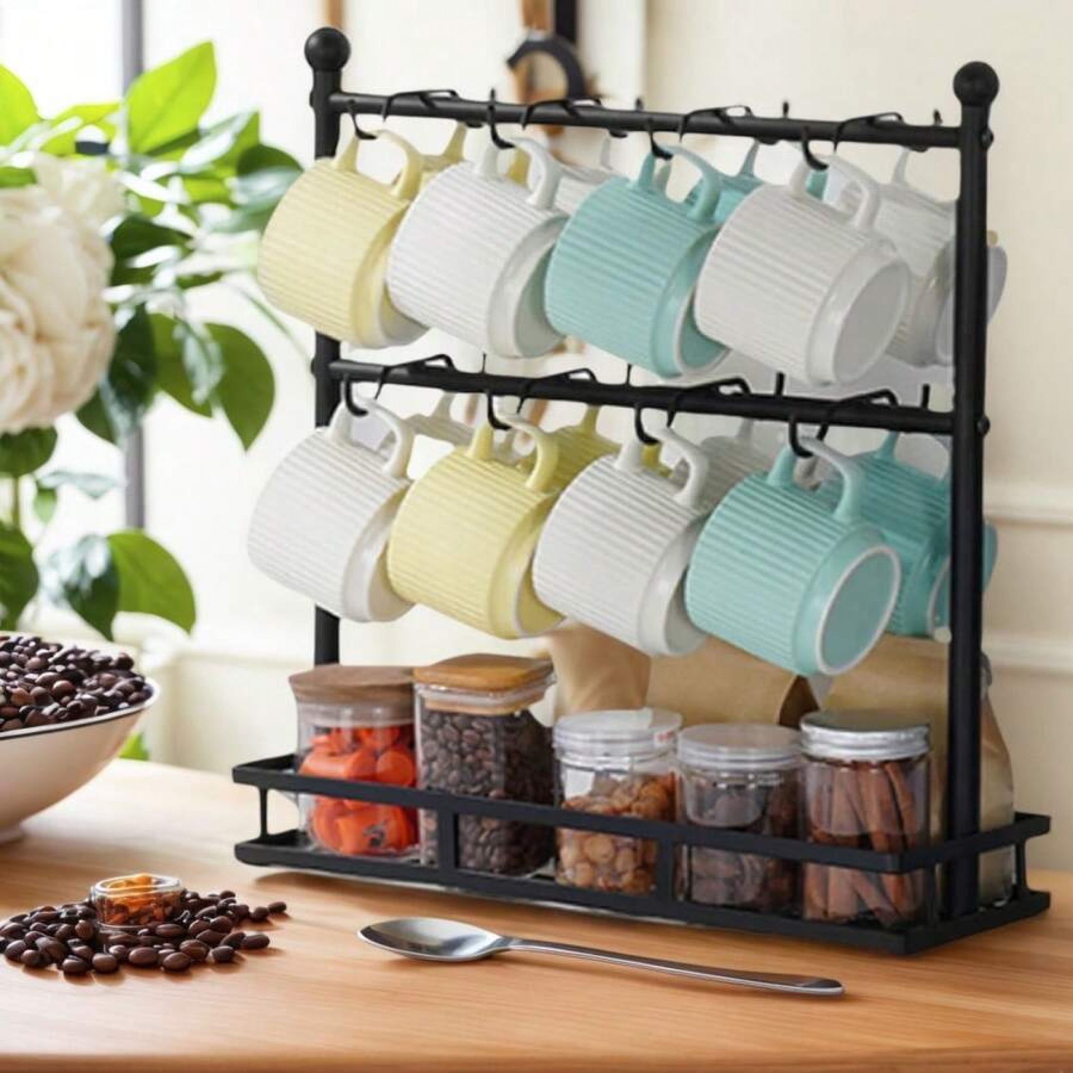 Countertop Coffee Mug Holder - 16 Hooks Cup Rack with Storage Base for ...