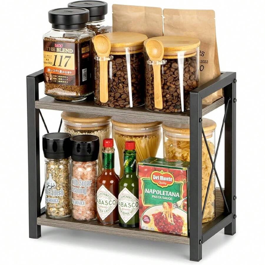 Countertop Coffee Station Organizer, 2 Tier Wooden Shelf For Coffee Bar ...
