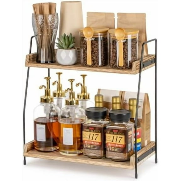 Countertop Coffee Station Organizer, 2 Tier Wooden Shelf for Coffee Bar Accessories, Condiment Storage Caddy for Kitchen, Home, Office - Brown