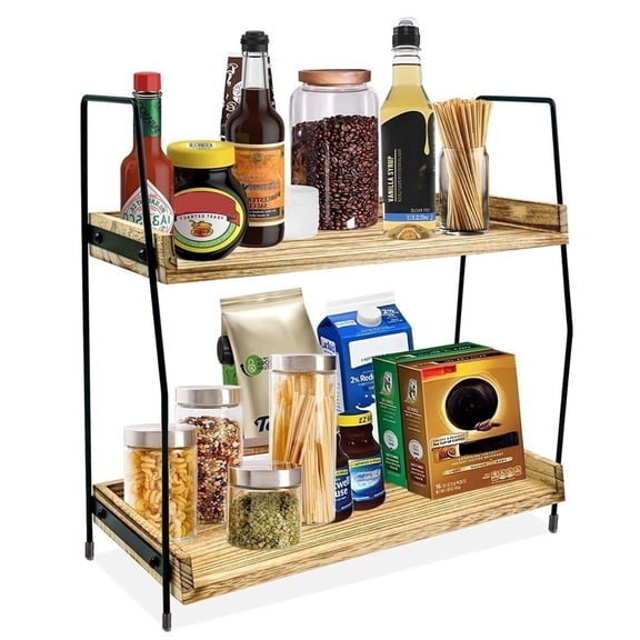 2 Tier Coffee Bar Counter Organizer, Wooden Coffee Bar Accessories Condiment Storage Caddy for Kitchen, Home, Office